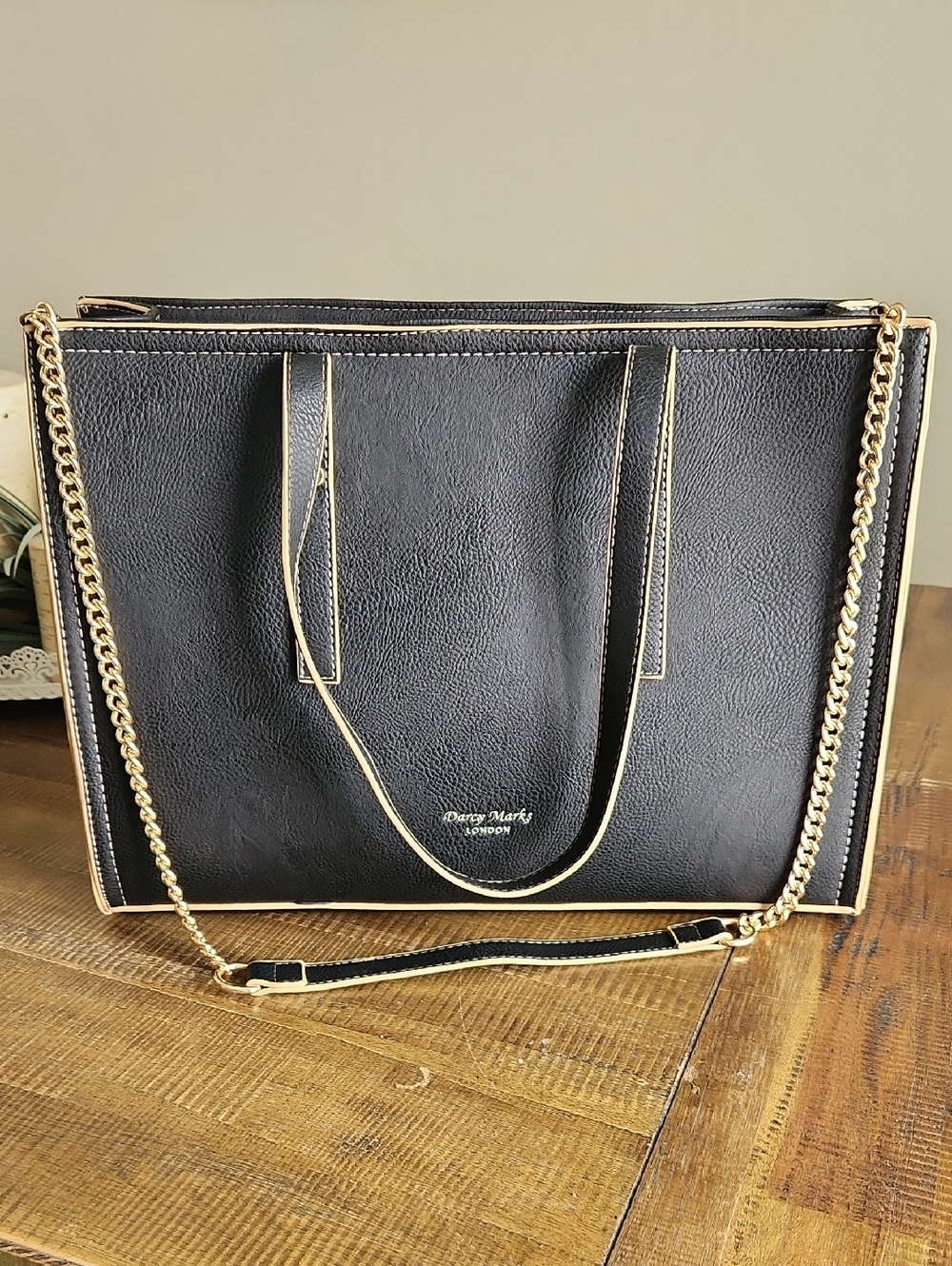 Black Tote By Darcy Marks LONDON with Gold Chain Accent NWOT